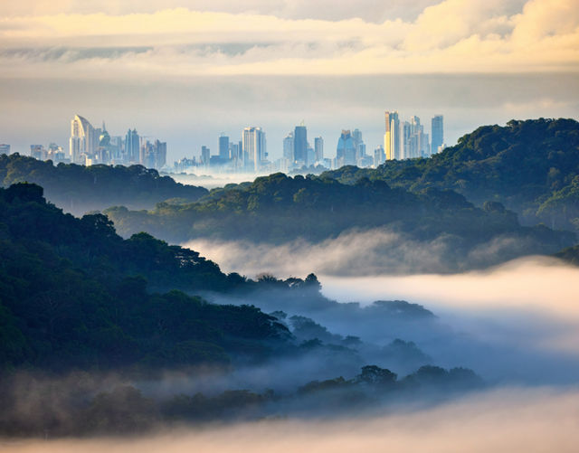View of the Panama City with rain forest around Panama Canal