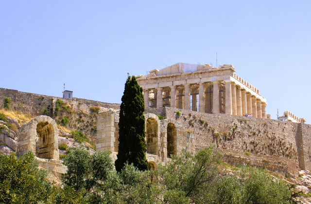 View of the historic Parthenon temple on the Acropolis in Athens, Greece.