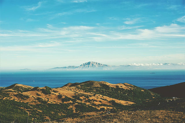 Stunning landscape from Tarifa, Spain with African coast in sight, across the Strait of Gibraltar.