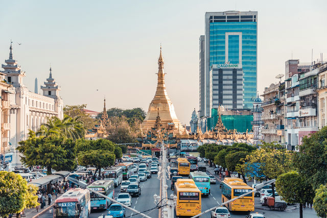Busy Traffic near Sule Pagoda, Yangon, Myanmar