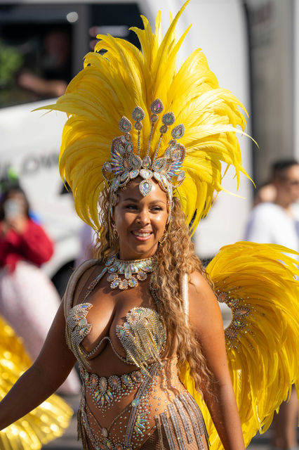 A yellow feather headdress above a jewelled collar