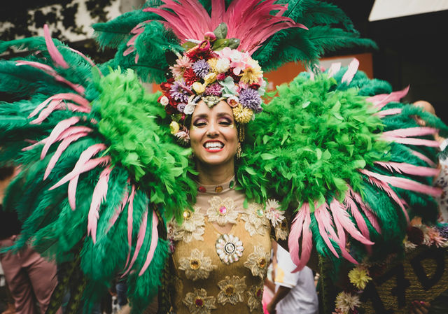 Green and pink feathers against a bright street
