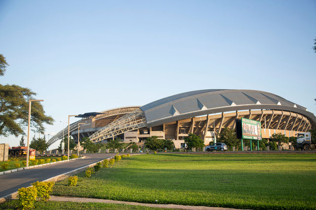 Levy Mwanawasa Stadium in Ndola, Copperbelt Province Zambia. The stadium has the capacity  of 49000 people. It is home to Zesco Football Club, Forest Rangers and Buildcon Football Club