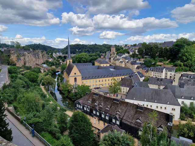 Panoramic view of Luxembourg City featuring the Alzette River and the Neumünster Abbey