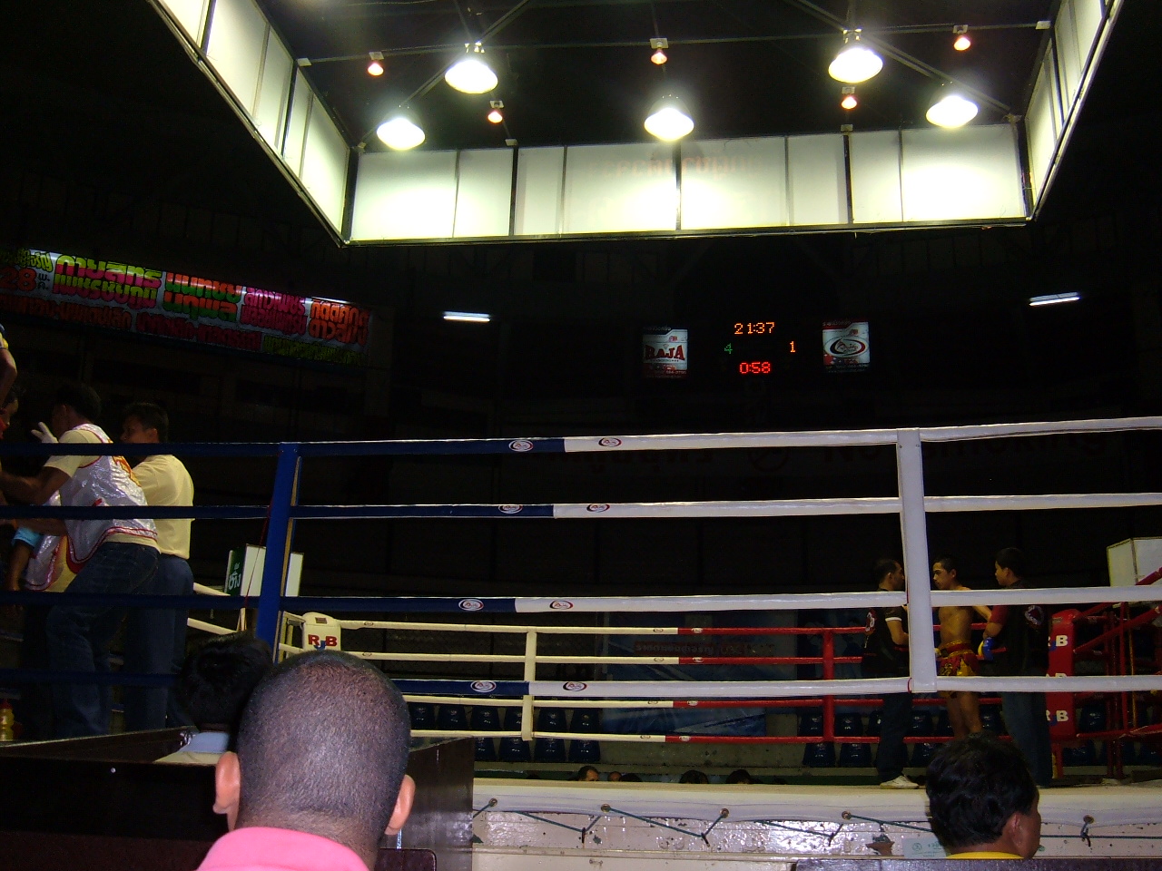 Muay Thai fighters in the ring at Rajadamnern Stadium, Bangkok