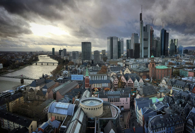 High angle view of cityscape of Frankfurt am Main, Hesse, Germany, December 2018