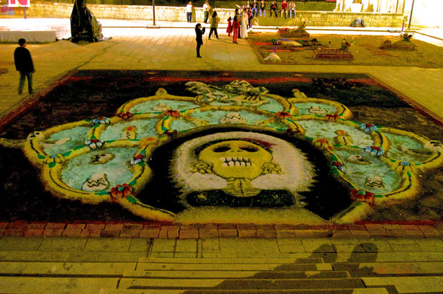 Sand carpet offerings for Day of the Dead in Oaxaca