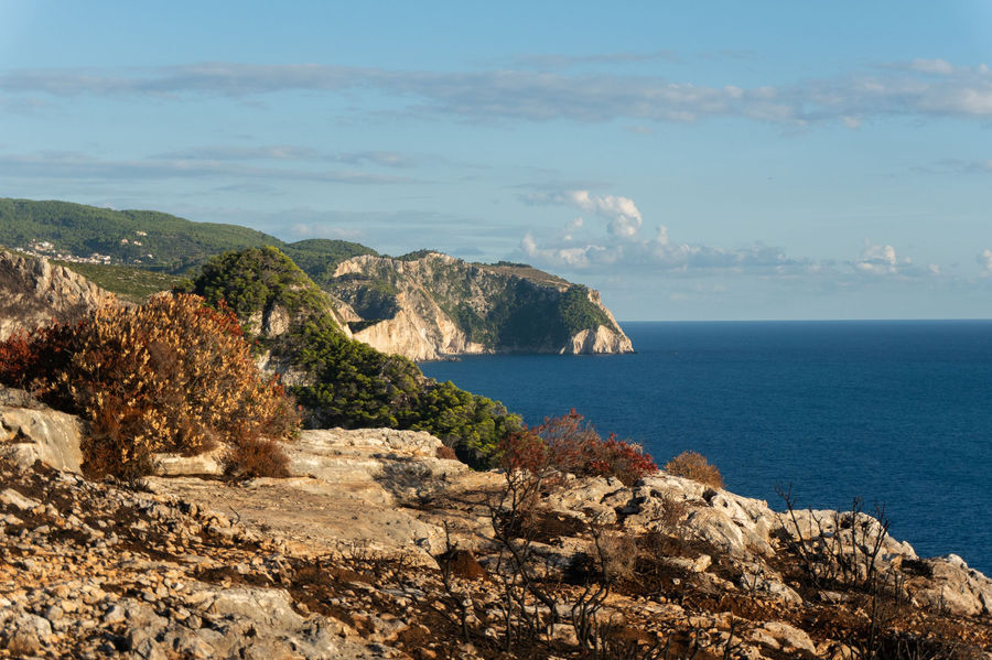 Beautiful view of rocky coastline and blue sea in Zakynthos, Greece.
