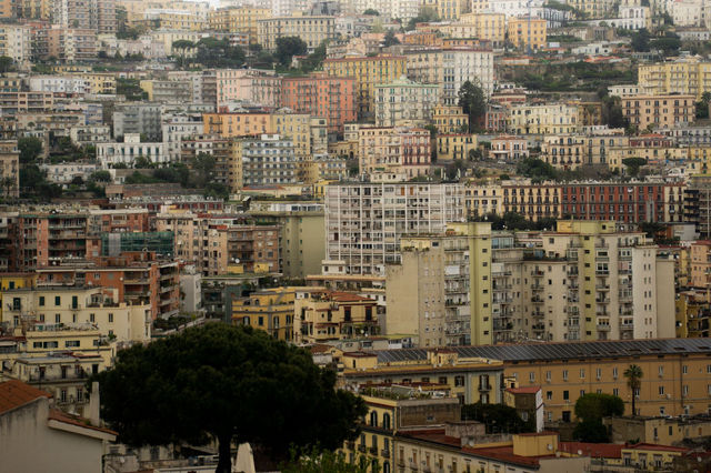 A vibrant aerial view of Naples's diverse architecture, capturing the city's essence.