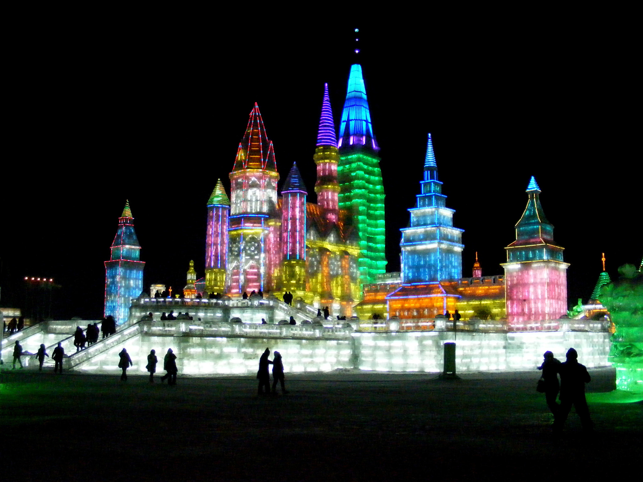 Ice buildings lit at night, Harbin