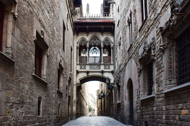Explore Barcelona's Gothic architecture with this stunning image of a historic alley and bridge.