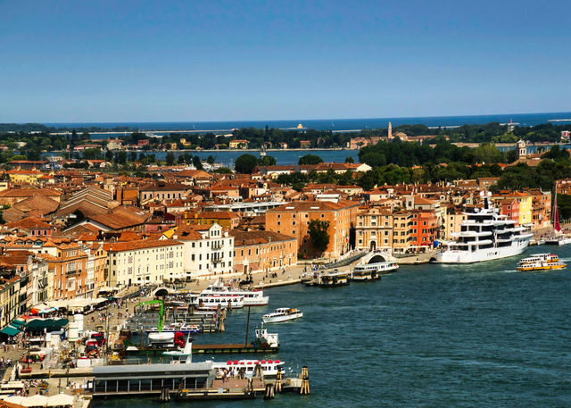 Captivating aerial view of the historic Venetian waterfront in Venice, Italy, with charming architecture and boats.