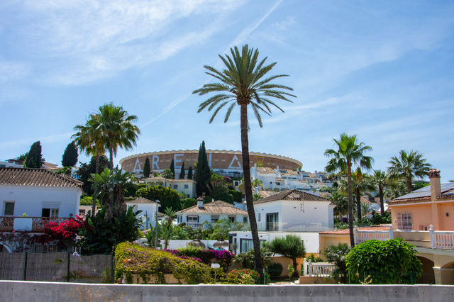A bullring on a hill overlooking houses and palm trees.