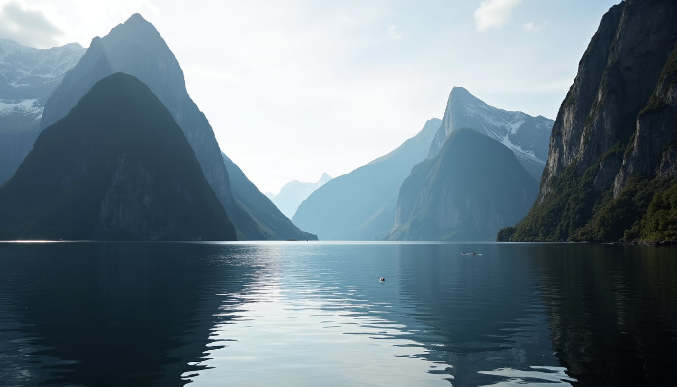 Eye-level view of Milford Sound fjord with calm water and towering cliffs