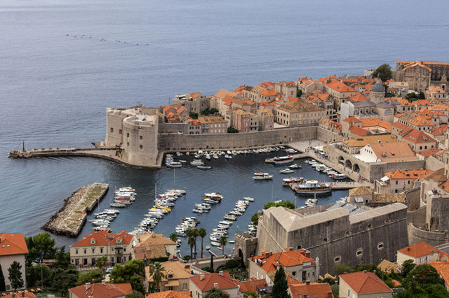 A bird's eye view of the Old Town Dubrovnik port in Croatia