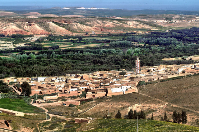 Aerial view of a traditional village surrounded by lush greenery near Marrakech, Morocco.