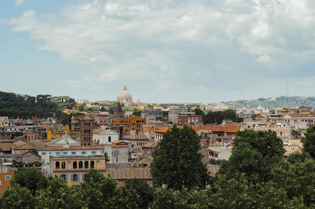 Captivating view of Rome's cityscape featuring St. Peter's Basilica dome amidst historic architecture.