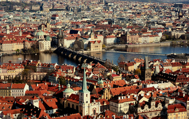 Aerial view of prague cityscape with charles bridge and river