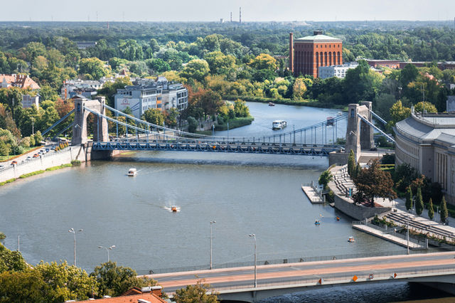 Cityscape bridges center Odra River.