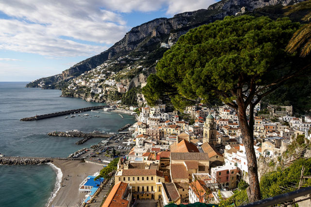 Beautiful aerial view of the Amalfi Coast with Mediterranean architecture and seaside charm.