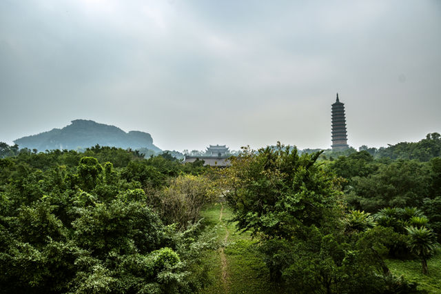 Tall pagoda rises above lush green trees and hills