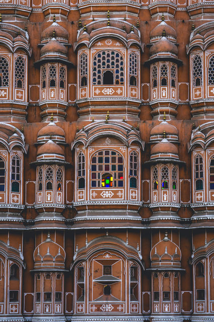The jharokha windows of the Hawa Mahal, close