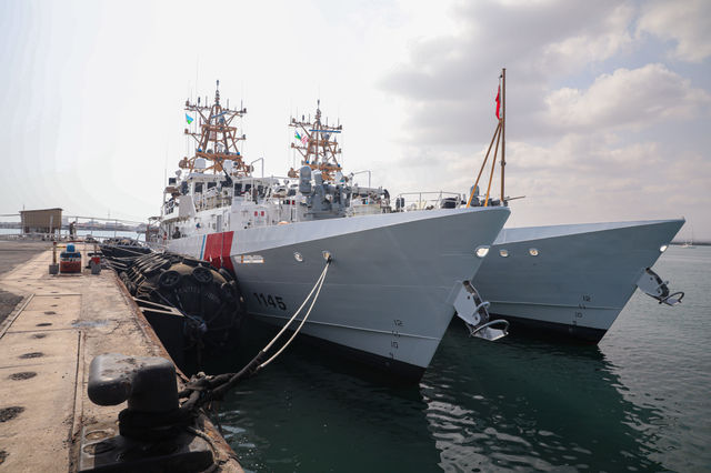 PORT OF DJIBOUTI, Djibouti (February. 20, 2022) U.S. Coast Guard Fast response cutters Emlen Tunnell (WPC 1145) and Glen Harris (WPC 1144) moored pierside at the Port of Djibouti,