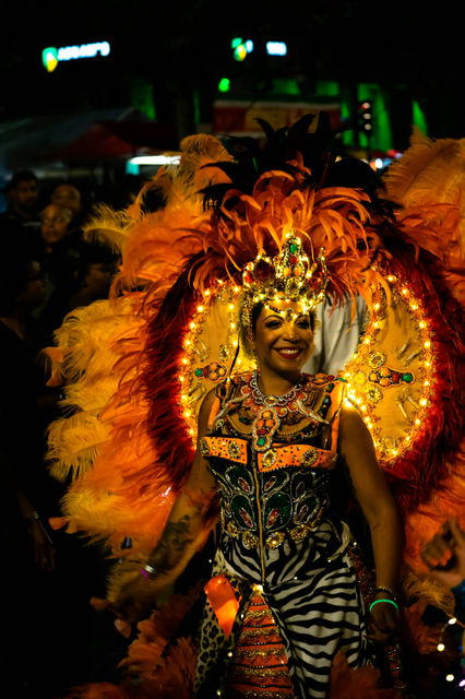 Amber feathers lit from within, a night parade in full swing