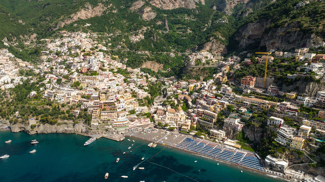 Stunning aerial shot of Positano, a colorful town perched on the Amalfi Coast, Italy.