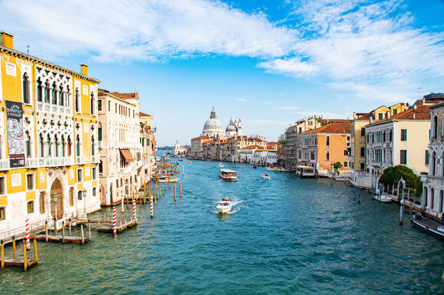 Scenic view of the Grand Canal with historic buildings and boats in Venice, Italy.