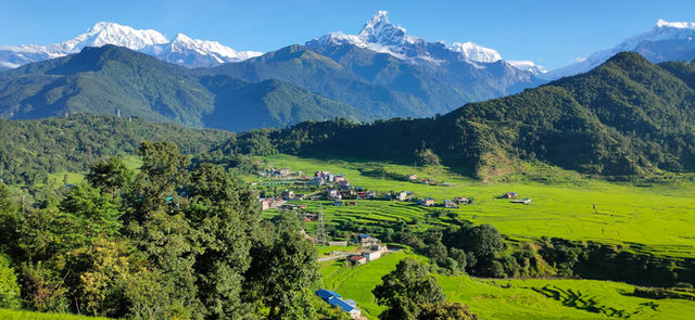 a scenic view of a green valley with mountains in the background