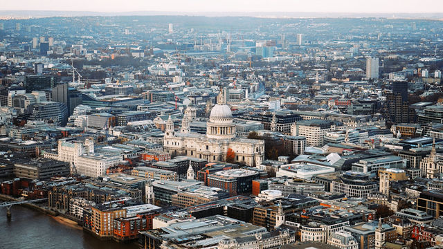Stunning aerial view of St Paul's Cathedral amidst the London cityscape.