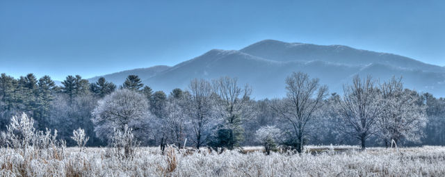 A thick layer of frost covers the fields, trees, and mountains in Cades Cove.
