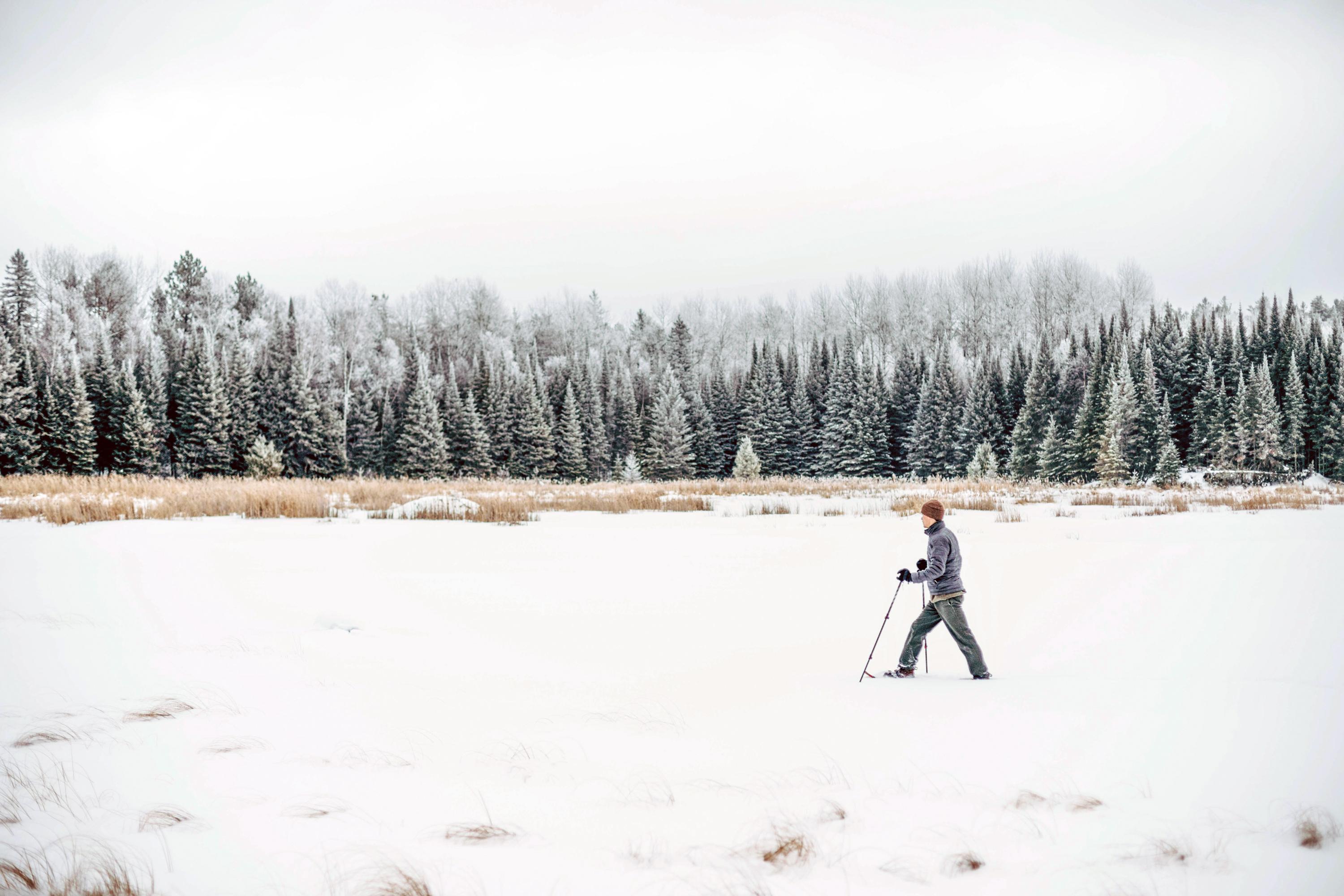 Photograph of person snowshoeing across frozen lake with snowy trees in the background.