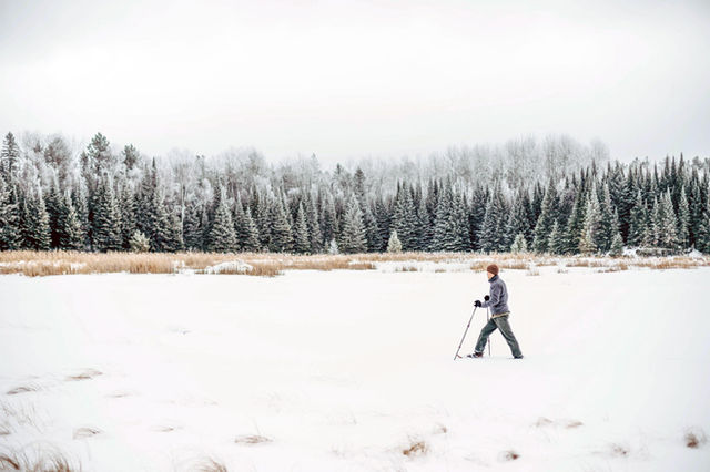 Photograph of person snowshoeing across frozen lake with snowy trees in the background.