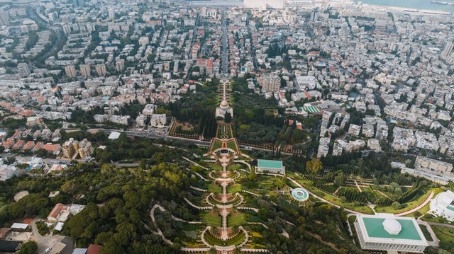 Stunning aerial view of Baha'i Gardens, a UNESCO World Heritage Site in Haifa, Israel.
