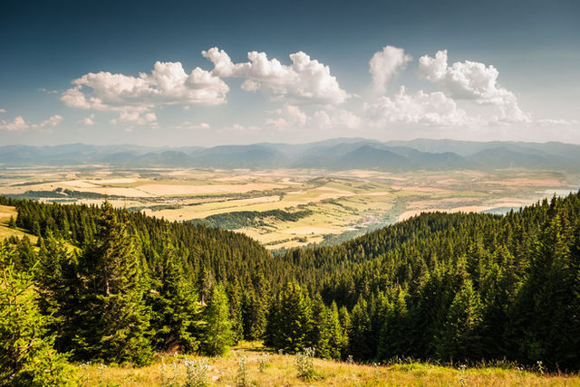 Breathtaking view of Slovakia's nature with mountains, forests, and fields under a bright sky.
