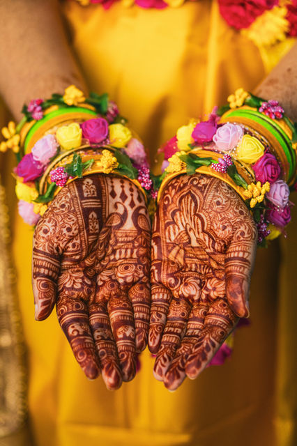 Hennaed palms cupped over marigolds
