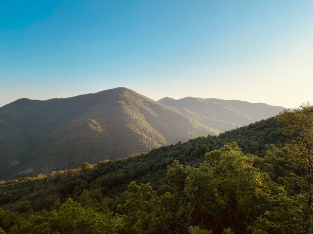 a view of a mountain range with trees in the foreground
