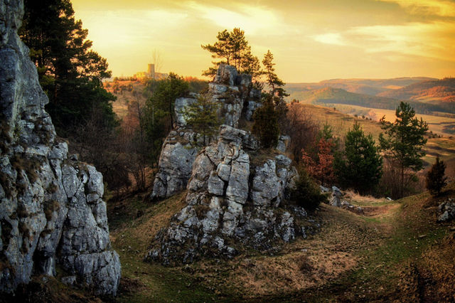 Scenic rock formations in Žehra, Slovakia, captured at sunset with vibrant colors.