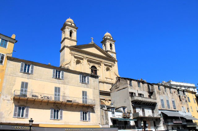 View of the historic Saint-Jean-Baptiste Cathedral in Bastia, Corsica, France.