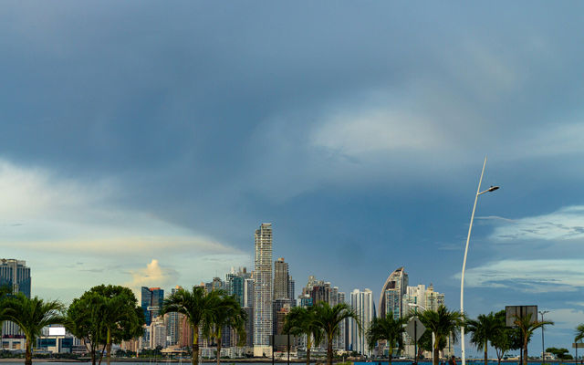 The CityLine of Panama, full of skyscrapers against a heavily cloudy sky.