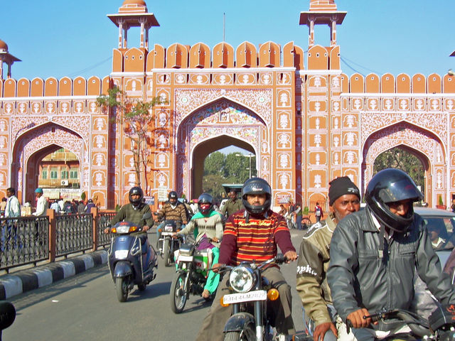Typical traffic through one of the gates into the Old Town of Jaipur. You can readily see why it is called the Pink City.