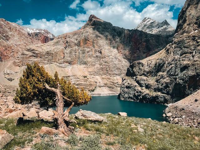 Stunning view of a mountain lake surrounded by rugged peaks in Sughd Province, Tajikistan.