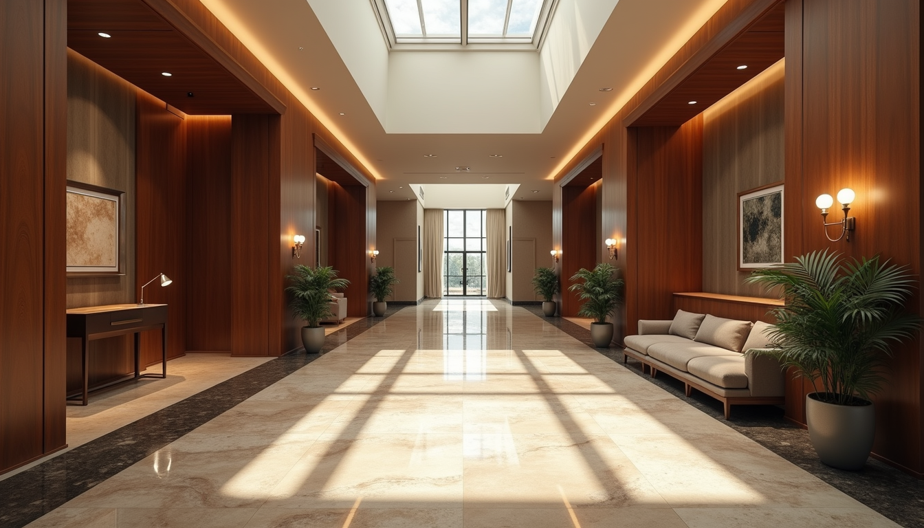 Wide angle view of a hotel lobby with modern decor