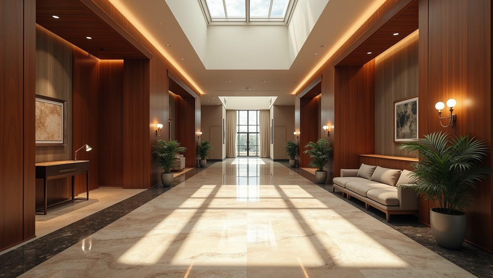 Wide angle view of a hotel lobby with modern decor