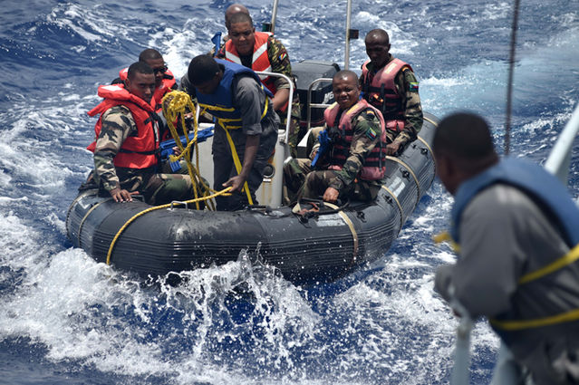 170204-N-XT273-441 PORT LOUIS, Mauritius (Feb. 04, 2017) Comoros Sailors and Seychelles Coast Guardsmen prepare to recover a rigid hull inflatable boat during an Exercise Cutlass E