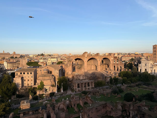 Panoramic view of the ancient Roman Forum ruins, capturing historic architecture at golden hour in Rome, Italy.