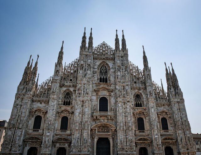 Majestic view of Milan Cathedral showcasing its intricate Gothic design under a clear sky.
