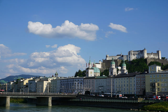 Historic buildings and hohensalzburg fortress overlooking river